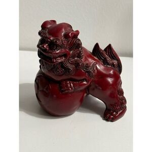 Vintage Chinese Foo Dog Guardian Lion Resin left facing figurine Red Foo